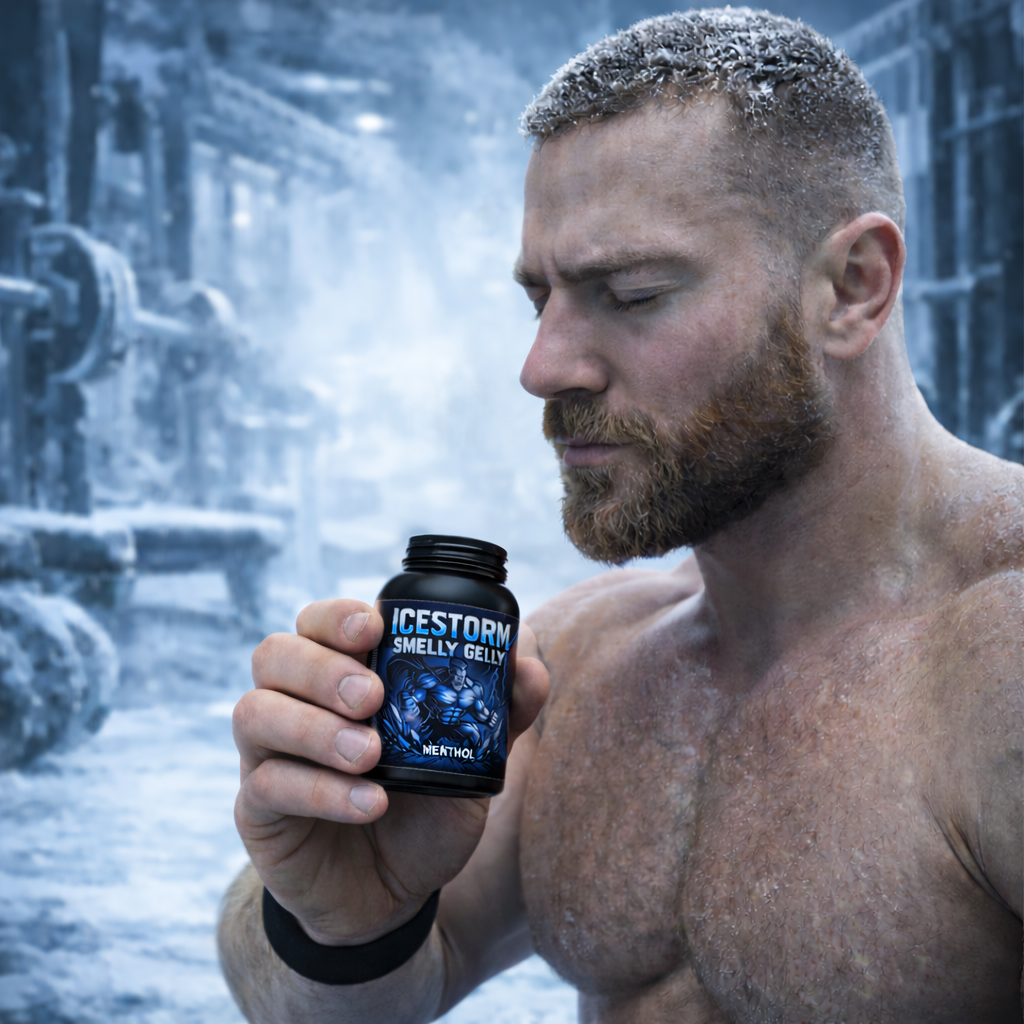 Athlet hält ICESTORM Menthol Riechgel vor eisigem Hintergrund