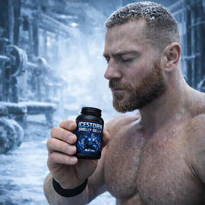 Athlet hält ICESTORM Menthol Riechgel vor eisigem Hintergrund