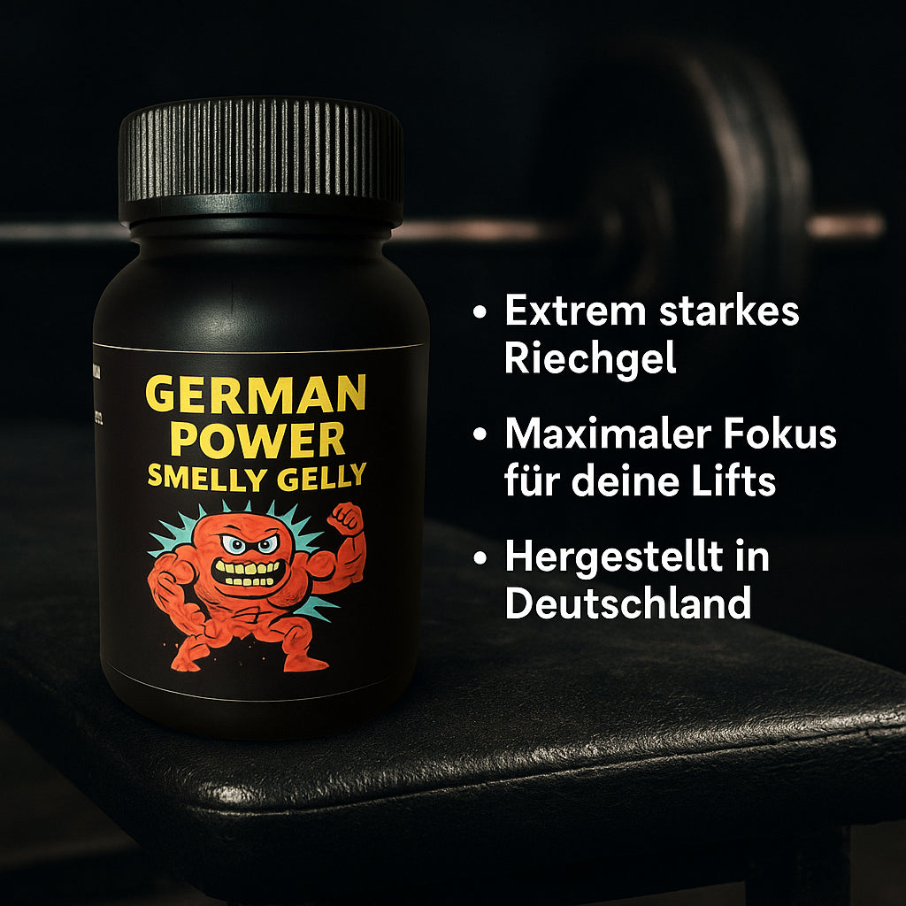 German Power Smelly Gelly Riechgel-Dose mit Produktinformationen auf schwarzem Hintergrund