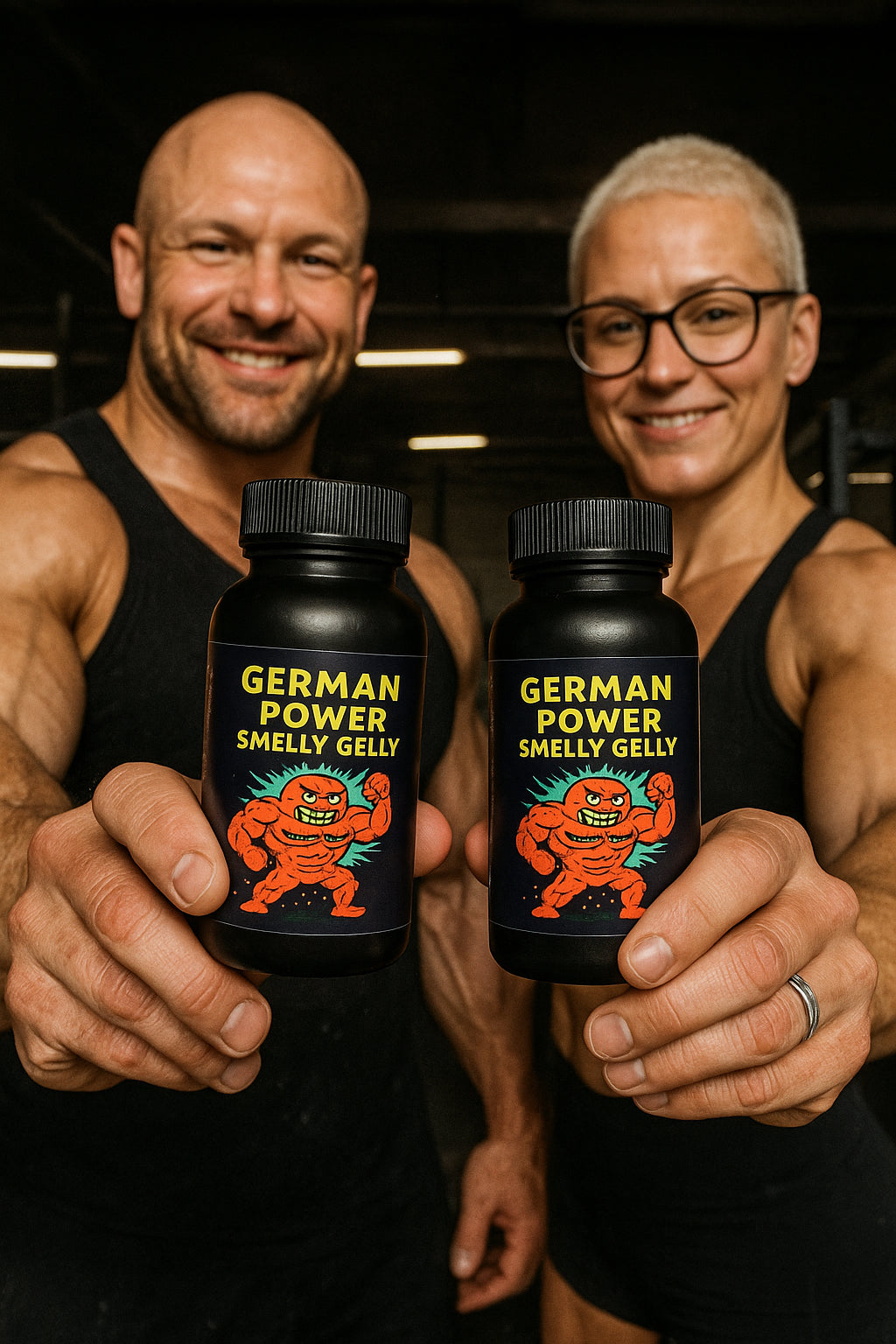 Zwei Athleten halten je eine Dose German Power Smelly Gelly