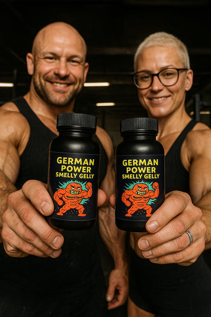 Zwei Athleten halten je eine Dose German Power Smelly Gelly
