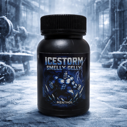 ICESTORM Menthol Riechgel in schwarzer Dose vor eisigem Hintergrund