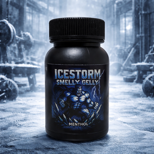 ICESTORM Menthol Riechgel in schwarzer Dose vor eisigem Hintergrund